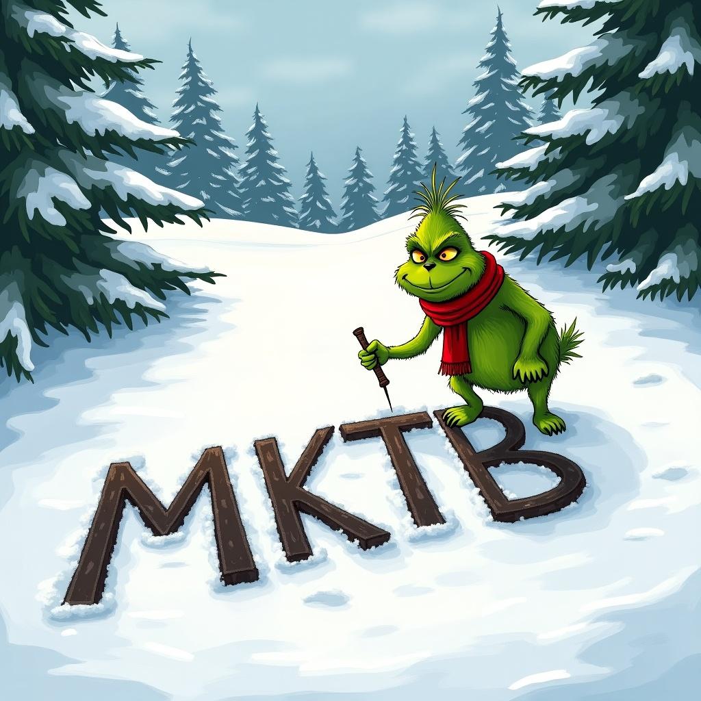 The Grinch is writing MKTB in snow. Snow-covered hills and evergreen trees frame the scene. The Grinch appears green with a red scarf.