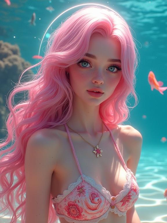 A dreamy pop art 3D manga anime style image. Young woman with long dark pink wavy hair. She swims in a clear ocean. Tropical fishes and coral around her. Illuminating halo above her head. Highly detailed 8K quality.