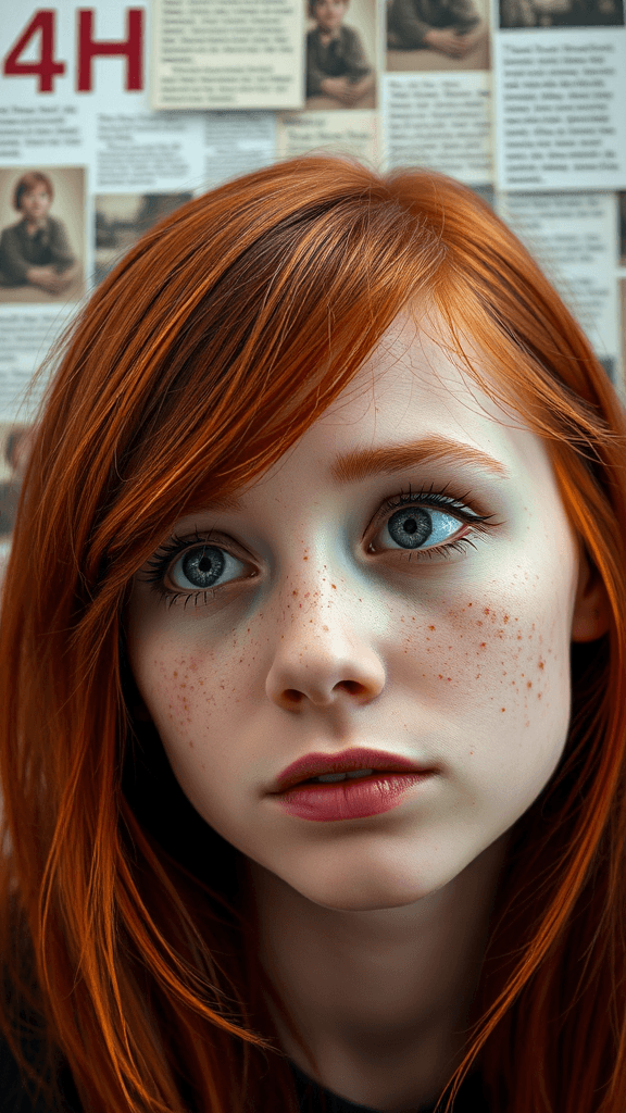 A close-up of a girl with striking red hair and freckles against a blurred background of text and images.