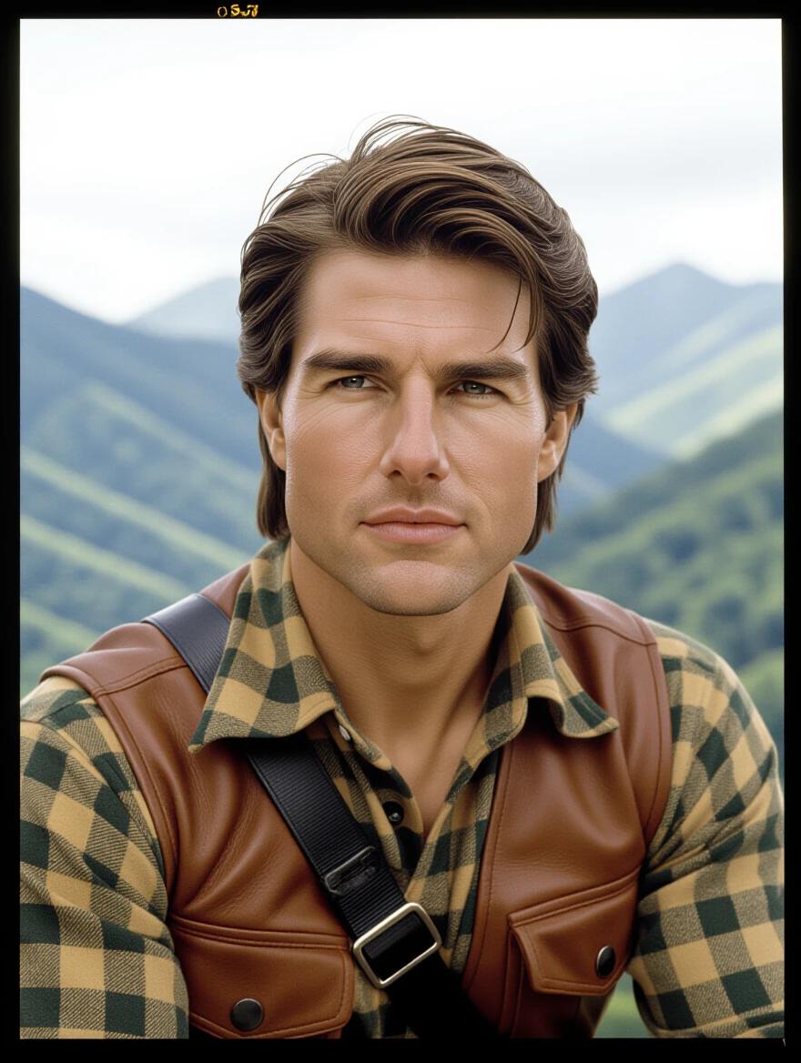 A man sits on a throne wearing a brown leather vest and a checked shirt among jungle ruins. Large mountains rise in the background lush greenery is visible.