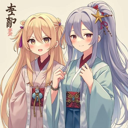 Illustration features two characters in traditional clothing holding ice cream cones with various flavors. Characters have intricate hairstyles and accessories. Background is simple and pastel to highlight the subjects.