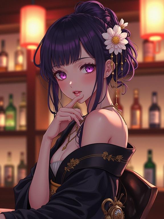 Semi-anime style artwork. Beautiful woman with dark violet hair styled upwards. Adorned with white flowers and gold ornaments. Light violet eyes. Calm and contemplative look. Wearing a black and gold kimono-style garment draping over shoulders. Leaning on traditional Japanese bar counter. Background has warmly lit shelves and glowing paper lanterns. Highly detailed digital painting.