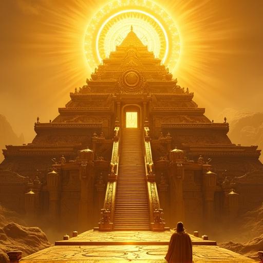 Majestic golden Sun Temple shaped like a stepped pyramid. Richly adorned with ornate details. Built from gold glowing under a radiant sun. Intricate carvings and sun motifs on walls. Wide staircases lead to a sacred altar at the top. Set in a vast landscape with golden sunlight creating long shadows.