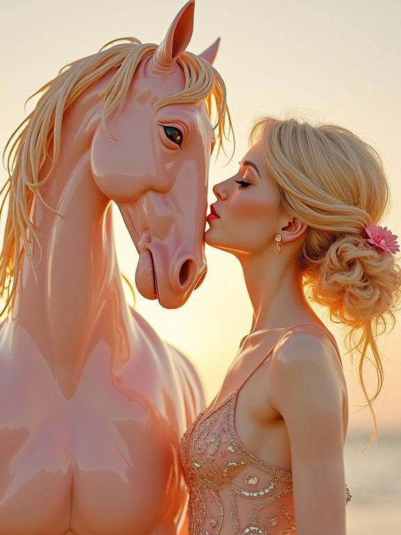 Ultrarealistic image of a woman kissing a horse. The setting features a warm golden hour glow. Subjects are embellished with glass and metal textures. The horse and woman are depicted in a romantic pose.