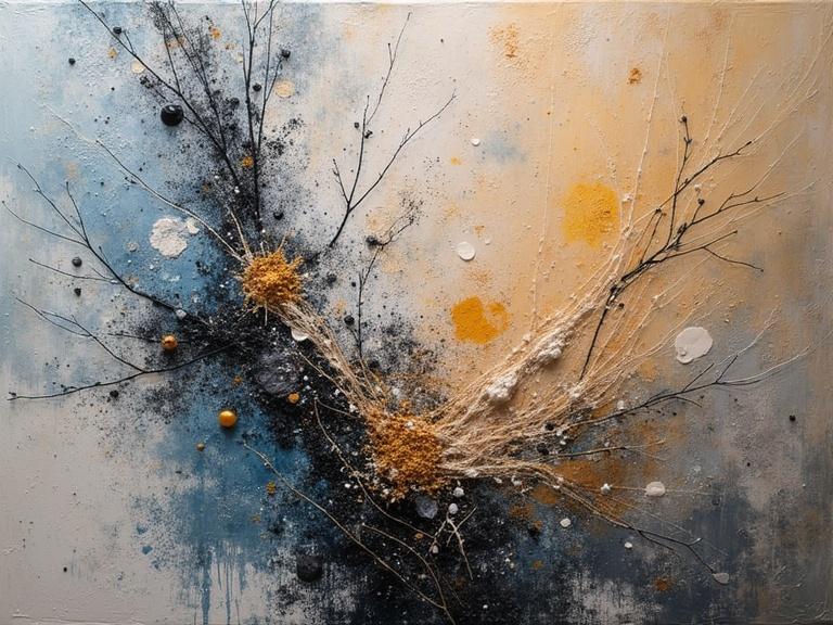 Abstract artwork with splashed textures and layered materials. Features elements like newspaper, jute fibers, wood, and sand. Incorporates ingredients such as glittering confetti and origami. Showcases scratches and tears. Digital art focus with close-up details and silver bioluminescent effects.