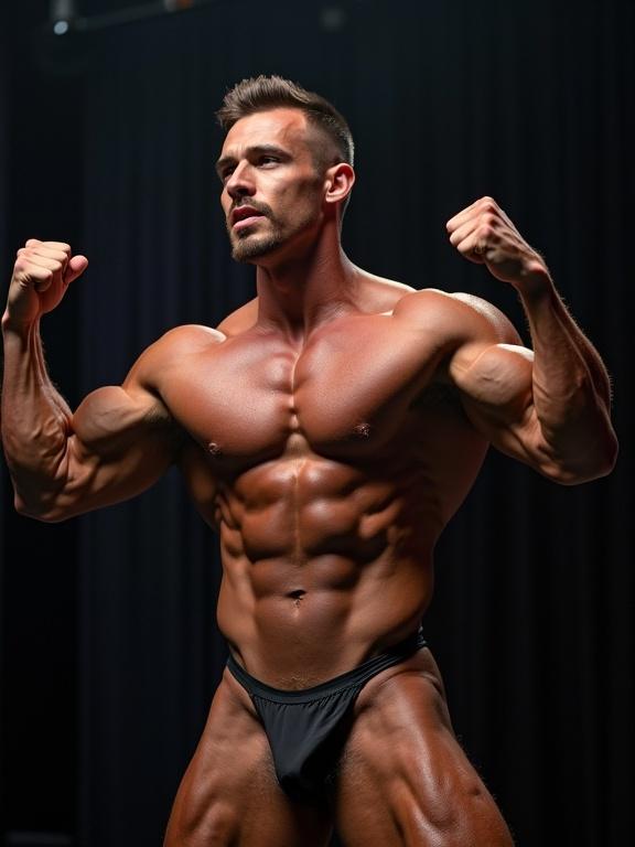 A bodybuilder flexing on stage under spotlight. Muscles prominently displayed. Black background. Male figure in posing trunks. Confident stance and expression.