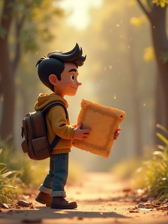 3D cartoon-style young man at adventure path holding treasure map. He wears hoodie jeans and backpack. Face shows curiosity and determination. Scene is slightly mysterious outdoors with warm light and floating dust particles.