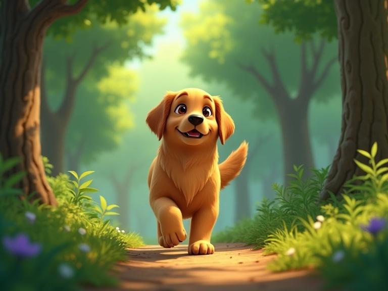 A 3D Disney style illustration of a golden retriever with chocolate eyes walking in a lush green forest, vibrant colors present
