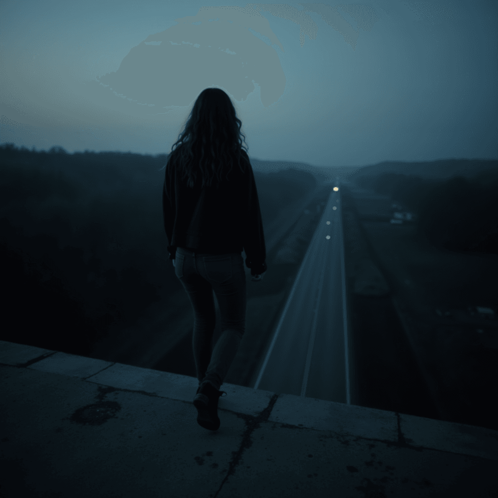 A person stands on an elevated platform overlooking a long, empty road at twilight.