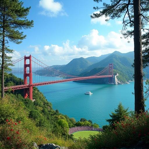 Scenic view of a red suspension bridge over tranquil water. Clear blue sky above. Tall trees reach towards the sky. Beautiful landscape features turquoise water, mountains, greenery, and flowers. Fans gather to watch a thrilling game on a green field.