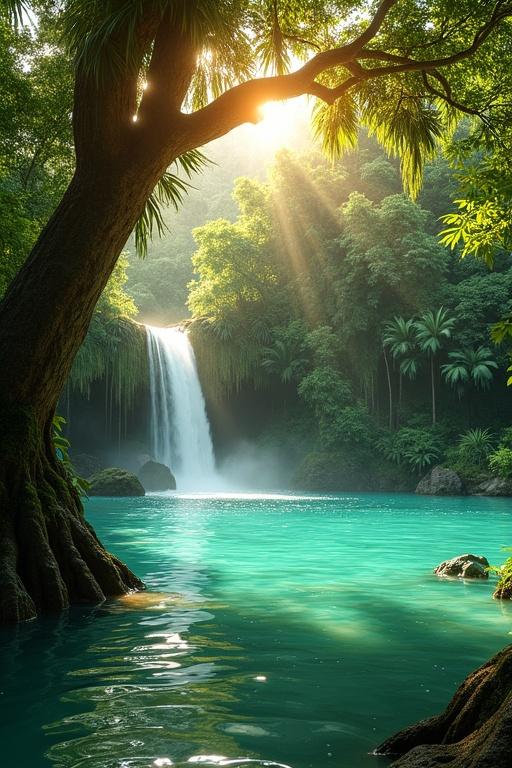 A lagoon with turquoise water in a tropical rainforest at golden hour. A waterfall cascades from a mossy cliff. Sunlight filters through green leaves. A large tree with roots stretches into the water. The atmosphere is tranquil with rich foliage in a photorealistic style.