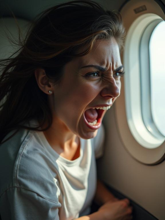 Interior airplane scene featuring a woman with dark hair expressing terror, mouth open in a scream, looking down from the window as wind disrupts her hair.