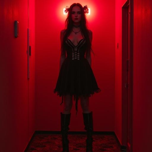 Gothic girl in red room. Aesthetic includes high fashion with a cyberdark style. Strong presence with rich elements and confident aura.