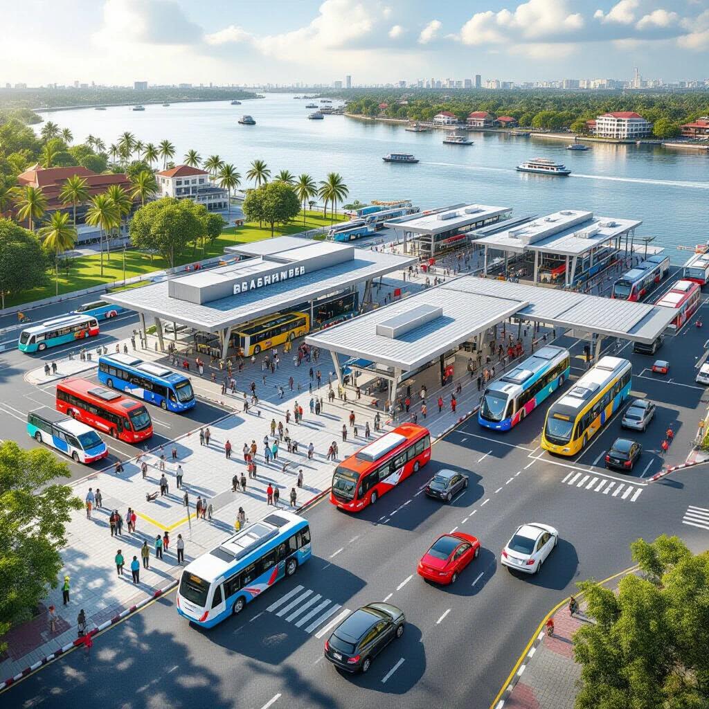 Aerial view of Vytilla Mobility Hub in Kochi Kerala India. The image captures the bus terminal metro station and water metro station. Buses metro trains and water metro boats are visible. The scene shows accurate real-world positions and surroundings. Bright natural daylight creates even exposure with sharp details and authentic colors. No fictional structures are included.