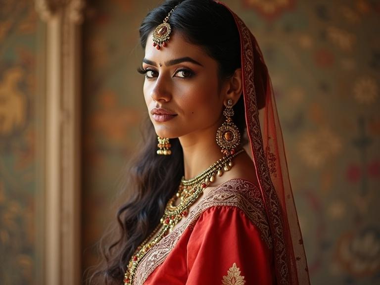 A profile view of a woman resembling an ancient Indian queen wearing a red saree with elaborate jewelry. The background features intricate decor, suggesting a royal setting.