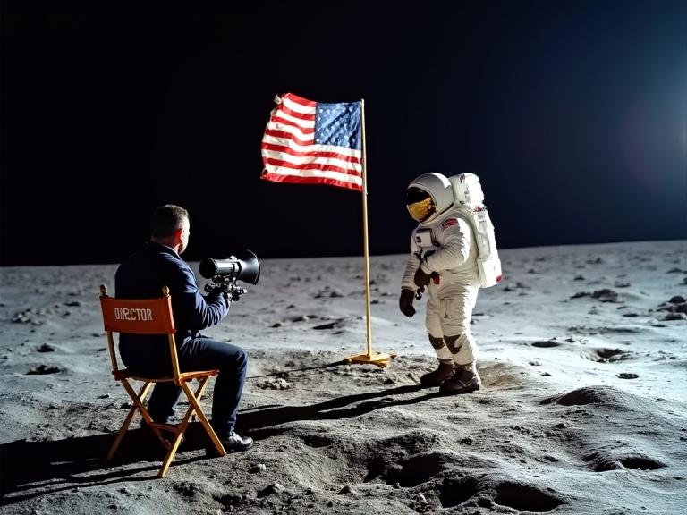 Astronaut stands beside American flag on the moon. Foreground features a cameraman in a chair. Chair labeled 'DIRECTOR.' Man holds a megaphone.