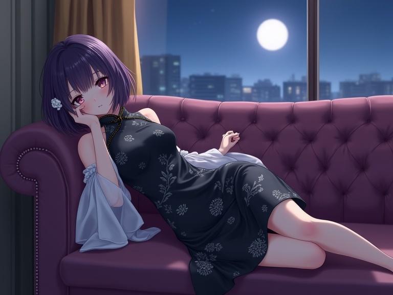 A beautiful anime woman inspired by Hitagi Senjougahara from the Monogatari series lies on a plush tufted purple sofa. She has dark purple bobbed hair with a white rose accessory. The woman wears a sleeveless black cheongsam-style dress. The dress has delicate white floral patterns and long white sheer sleeves. She is in a retro coffee shop in Sakai, Osaka, Japan. A full moon shines through the window illuminating the night sky. The scene has ultra-detailed cinematic lighting. Her body is fully visible, with a bent arm supporting her head.