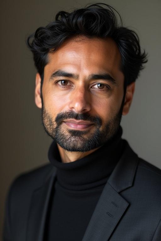 Close up portrait of a man in a black turtleneck and blazer. Confident expression captures essence of a professional product curator. Soft background enhances focus on facial features.