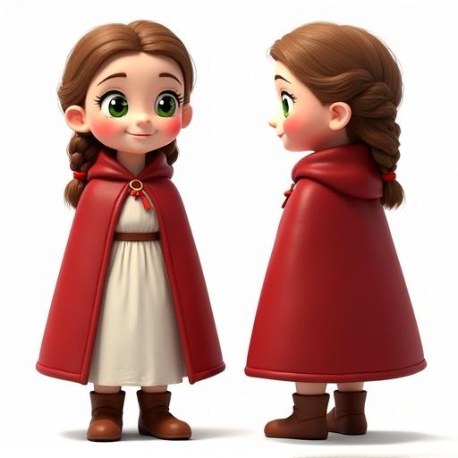 A character named Gerda with a round face and rosy cheeks. She has large green eyes, light brown hair in braided pigtails adorned with red ribbons. Gerda's skin is fair with a warm glow. She wears a thick red cloak over a simple white dress and brown leather boots, smiling. The character appears in a multi-angle reference sheet with both a close-up face portrait and a full-body front view. The setting has consistent lighting against a white background.