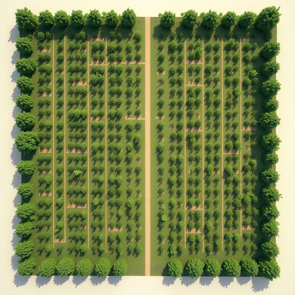 Design layout of a 4-acre agricultural land divided into three sections. Outer boundary with Casuarina trees as windbreak. Middle section with alternating rows of coconut and jackfruit trees. Inner core with mahogany trees. Clear 3-4 meter wide pathways included for access.