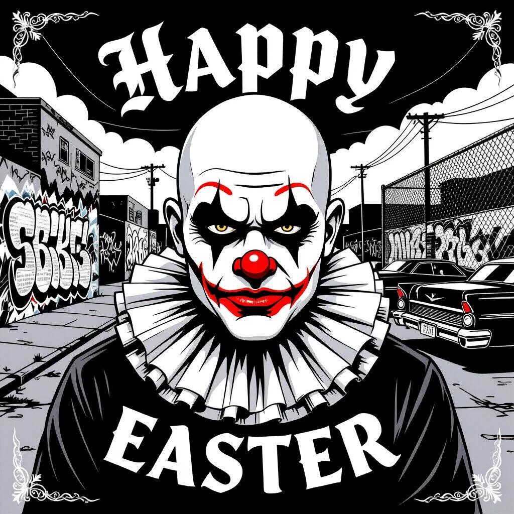 Black and white illustration of bald chicano clown. Thick bold lines and flat design without shading. Clown has angry eyebrows and a large nose. Serious expression with teardrops. Wears ruffled clown collar. Urban barrio background with graffiti and lowriders. Old English Gothic text says 'Happy' and 'Easter'. Symmetrical layout with strong street vibe.