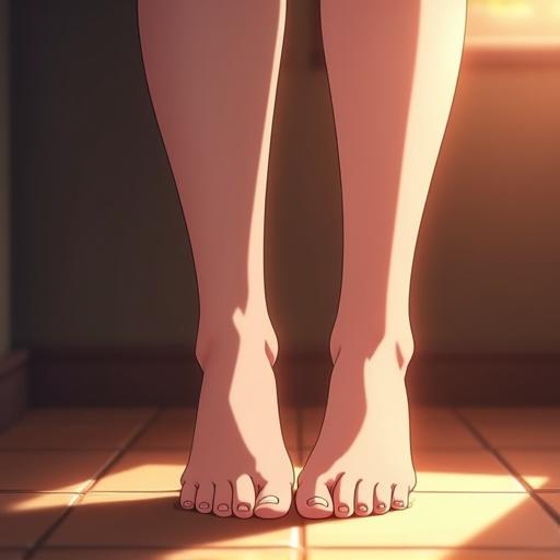 High-quality illustration of an anime character focusing on feet in soft cinematic lighting. The setting shows feet standing on a tiled floor with warm light spilling through a window.