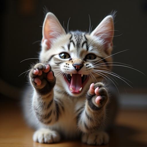 A playful kitten showing reflexes with its paws outstretched and mouth open. The kitten has a striped fur pattern. The image captures its lively spirit in a well-lit indoor space. Close-up view accentuates its features and playful expression.