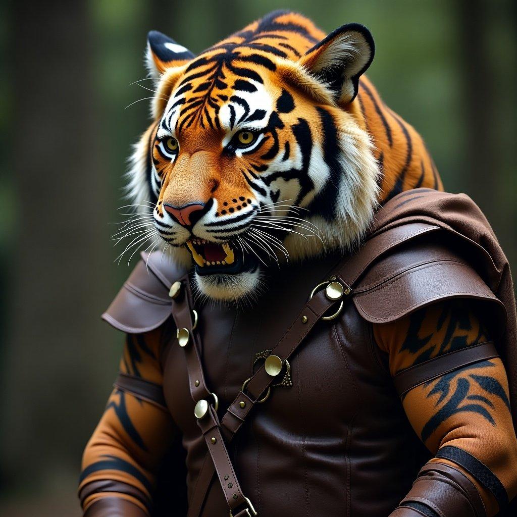 Leather clad warrior with tiger headdress. Warrior wears a brown leather outfit. Fierce expression on the tiger head. Background features a lush forest setting.