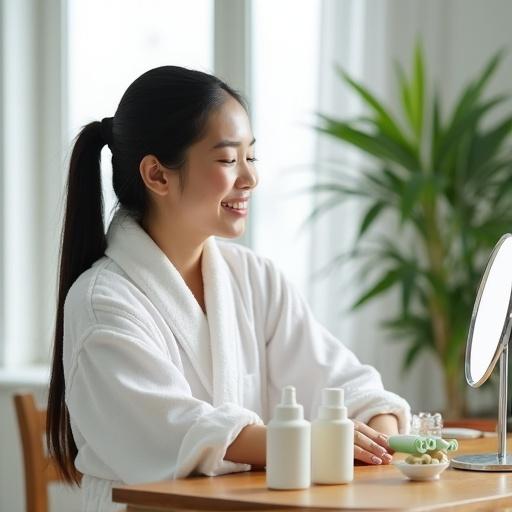 A young Indian woman sits at a wooden vanity table near a large window. She wears a white bathrobe and smiles gently while tying her straight black hair into a ponytail. A round tabletop mirror with a metal stand is in front of her. The table has skincare and haircare bottles in white and pastel tones. A small bowl and jade rollers are neatly arranged. A softly blurred green indoor plant is in the background. The scene is clean minimalistic modern with soft natural lighting.