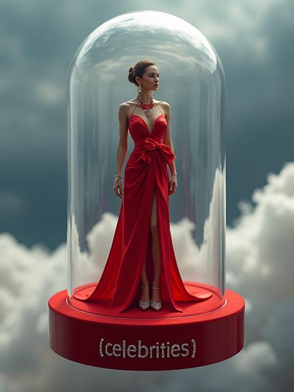 A glass gashapon capsule floats in stormy clouds. Inside stands a woman on a red podium. She wears an elegant red satin gown with a large bow. High-heeled shoes have sparkling rhinestones. Hair styled in a sleek updo. Accessories include statement earrings and a bold necklace with red gemstones. The scene has cinematic lighting with soft bokeh effects and a photorealistic style.