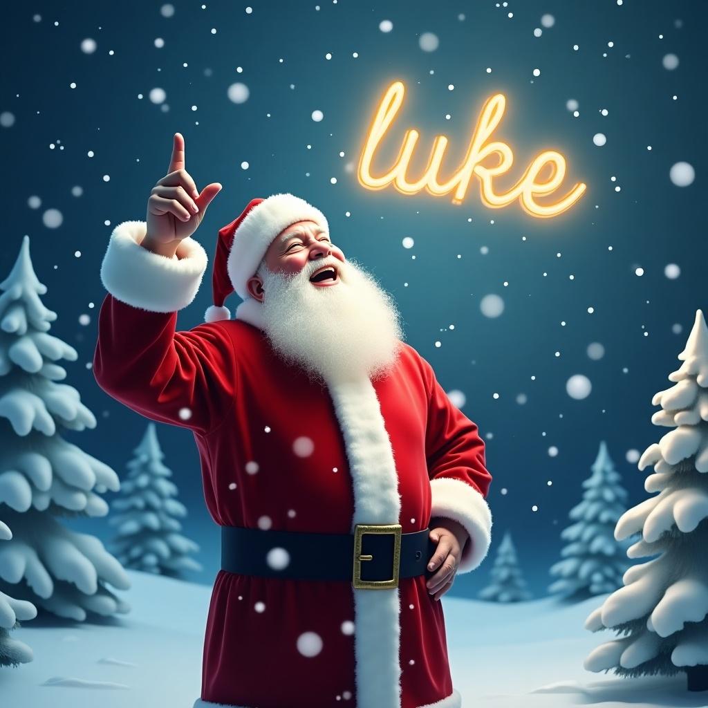 The image depicts a joyful Santa Claus standing in a winter wonderland. He is dressed in his traditional red suit with white trim and a matching hat. Santa is pointing upward as if he is magically writing a name in the sky. Snowflakes gently fall around him, adding to the festive atmosphere. In the sky, the name 'luke' is written in bright, glowing letters. The background features snowy trees, enhancing the Christmas scene.