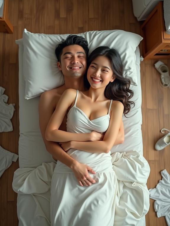 Top-down view of a smiling couple on a bed. Male with eyes closed, female beside him, both happy. They are covered by white sheets. Clothes on wooden floor create a messy atmosphere. Room appears cozy and intimate. Style combines humor with 3D artistic elements. Color tones are warm and inviting.