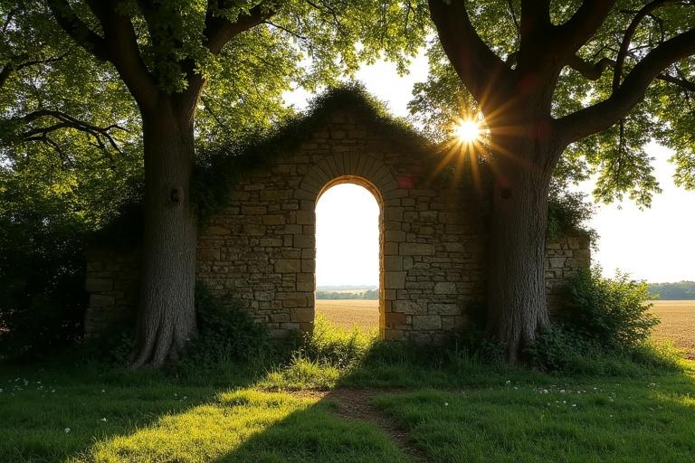 An ancient wall stands in nature surrounded by two tall box trees. The wall is covered with vines and moss. It has a small Romanesque double arched window. In the distance, fields of a plain are visible through the window. The evening sun shines, casting golden light on the wall and treetops. The ground has little vegetation and sunlight slightly illuminates it.