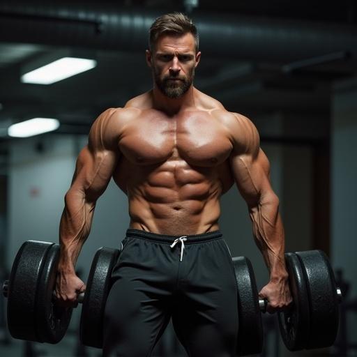 Muscular man lifting heavy dumbbell effortlessly while looking at the camera. He showcases an impressive physique with well-defined muscles. The gym environment features a blurred background.