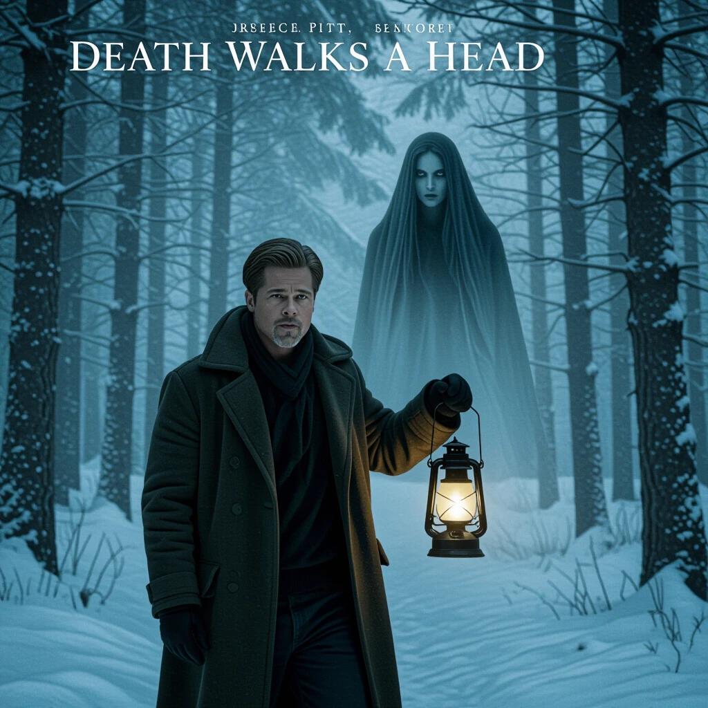 Movie poster features psychological horror theme. Man holding lantern in snowy forest. Ghostly figure of a woman behind him. Desaturated colors enhance the eerie atmosphere. Detailed trees surrounded by fog.