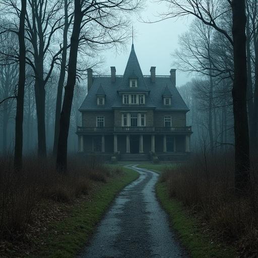 A large mansion surrounded by a dense forest. A narrow path leads to the mansion. The atmosphere is dark and mystical. Drone shot captures the scene from above. Highly detailed, professional image.