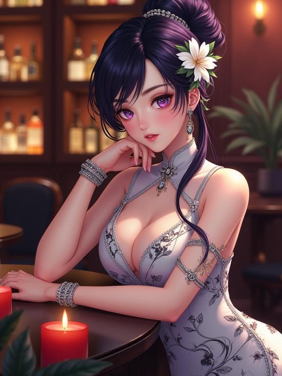 Semi-anime-style woman with dark violet hair styled elegantly. Features captivating light violet eyes and a serene gaze. Wears a beautiful white cheongsam dress with black and gold floral patterns. Adorned with silver jewelry. Leaning on a dark reflective surface in a dimly lit bar. Background has wooden paneling and illuminated shelves with bottles and candles.