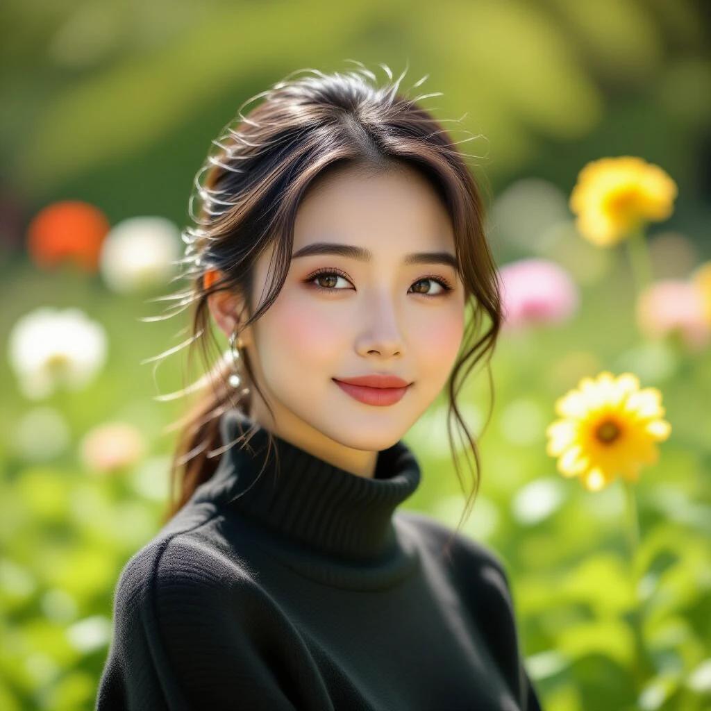 A portrait of a young woman outdoors in a bright flower garden. Hair neatly styled, with a vibrant yellow flower added. Wearing a dark sweater, she smiles softly at the camera, evoking tranquility. Clear details of green plants and flowers in the background. Sunlight filters through leaves, adding warmth. Fresh and natural style, creating a comfortable and relaxed feel.