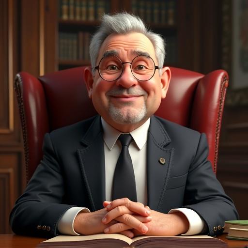 3D style caricature of an older oil man sitting in a luxurious office designed with leather and dark wood materials