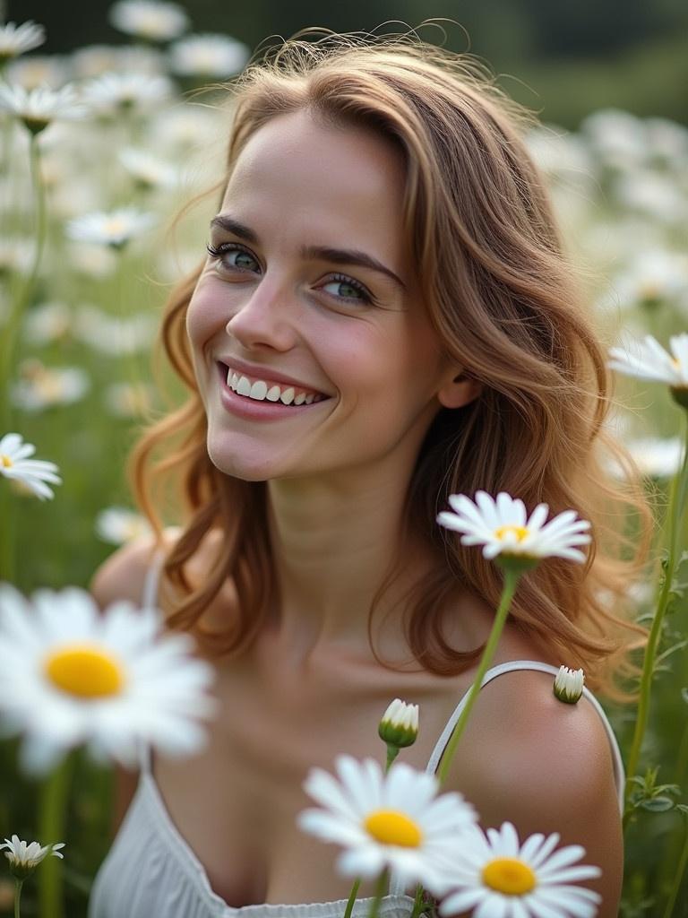 A person enjoys a peaceful moment in a flower field. Surrounded by blooming white daisies. Hair flows naturally. Soft, natural lighting creates a tranquil atmosphere.