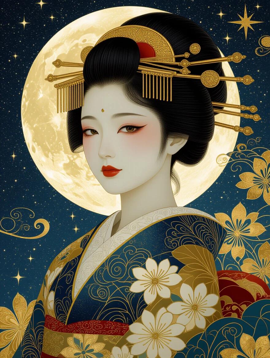 Ornate kimono with floral patterns and golden motifs. Subject surrounded by a starry night sky and full moon. Dreamlike and magical atmosphere.