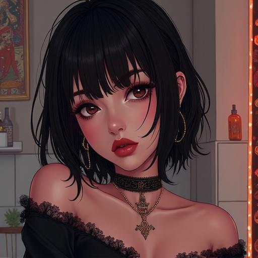 Anime style depiction of a beautiful goth woman. Features a gothic fashion aesthetic with striking facial features and accessories.