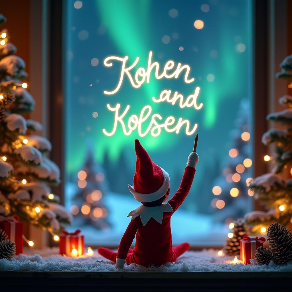 An enchanting Christmas scene featuring an elf on the shelf. The elf is positioned facing the vibrant northern lights, creating a sense of wonder. Dressed in festive red and white, the elf holds a magic wand, writing 'Kohen' and 'Kolsen' in a glowing script. The warm lights and decorations around enhance the festive atmosphere. The backdrop adds to the magical ambiance, embodying the spirit of the holiday season. This scene captures joy and excitement meant for children and families during Christmas time.