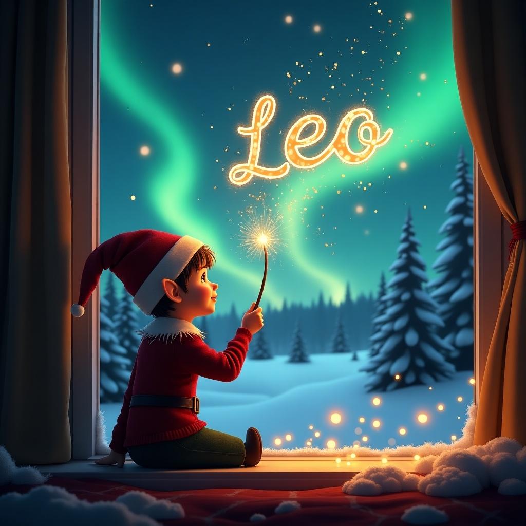 A joyful elf gazes out of a window during a magical winter evening. Holding a wand, the elf creates sparkles that form the name 'Leo' in the sky. Outside, a snowy landscape is illuminated by mesmerizing Northern Lights. The warm light from the window creates a cozy atmosphere inside the room. Pine trees are visible in the background, enhancing the festive scene.