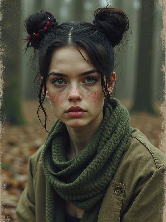 Intricate dramatic portrait of a young female with freckled skin in a forest setting. She has space buns hairstyle. The image features atmospheric haze and soft backlight creating a mood. The focus is on her expressive eyes and skin texture.