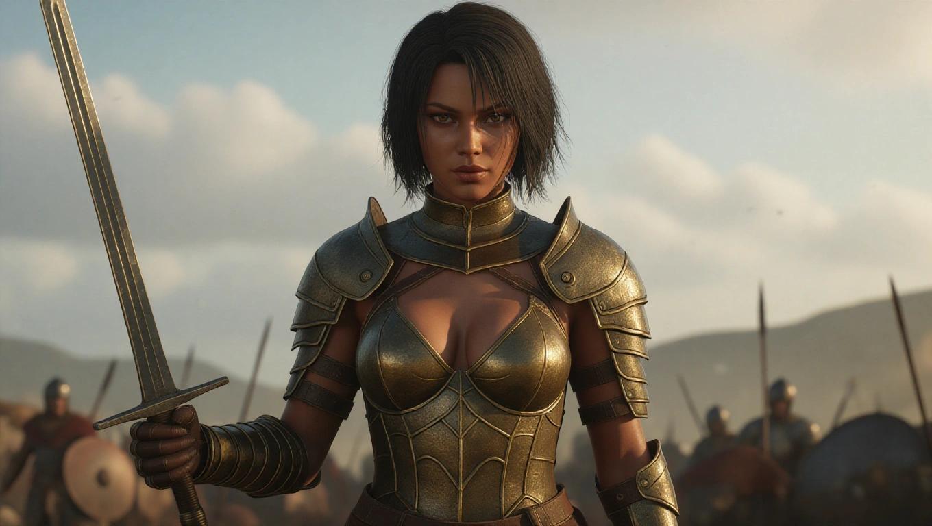 Hyper-realistic portrait of beautiful dark-skinned female warrior. Inspired by character from Berserk. Worn bronze and leather armor with feminine curves. Short tousled black hair. Fierce brown eyes. Serious expression. Standing in battlefield with cloudy sky. Holding sword. Real human features. High detail. Ultra-realistic.