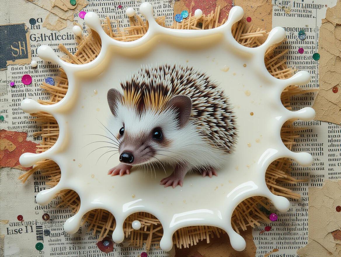 A surreal art piece featuring a hedgehog surrounded by a splash of milk. Background includes layered textures from newspaper, jute, wood, and sand. The composition incorporates glitter confetti and origami elements. Delicate scratches and tears add a vintage touch. The artwork is inspired by a combination of Disney aesthetics and Klimt's style. Engaging and vibrant with a bioluminescent quality.