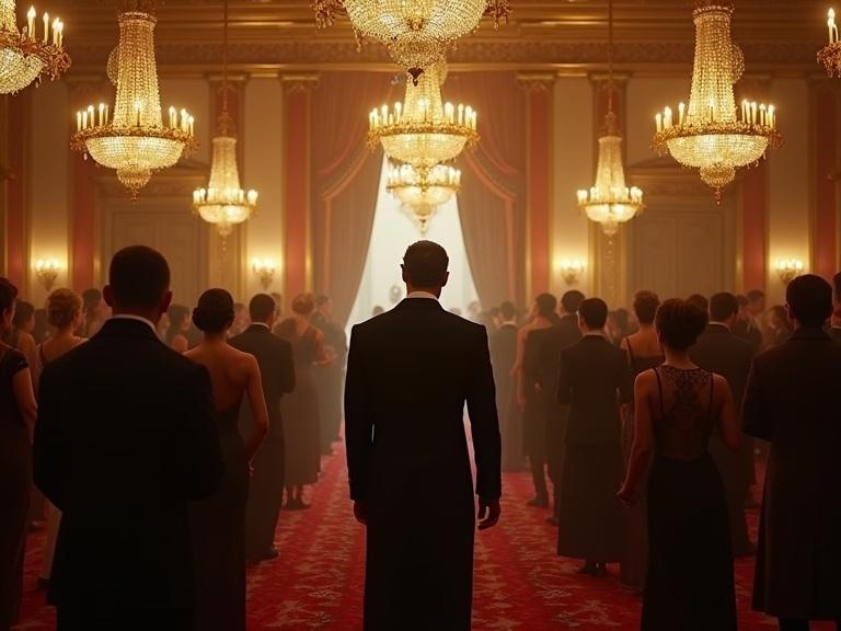 Lavish ballroom scene from the 1930s featuring golden chandeliers. Elegant guests in evening wear gather around. A mysterious count stands apart in a dark suit and cape. The count watches the crowd with a secretive expression. The atmosphere is filled with shadows and intrigue. Hints of hidden motives and unsolved mysteries.