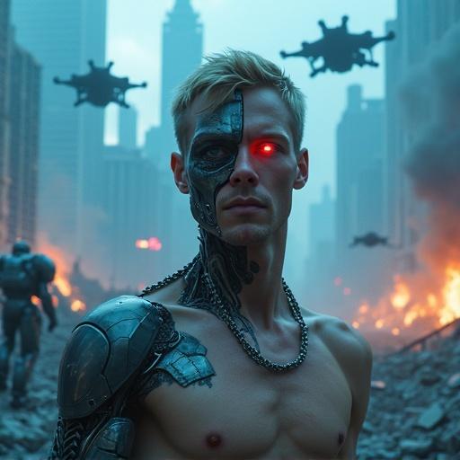 A hyper-realistic cinematic scene with a male cyborg showcasing a mechanical face. The background depicts an apocalyptic war zone featuring ruined skyscrapers with blue flames and smoke. Giant robots march through the debris while drones scan above. Emphasis on the cold blue tones and fiery highlights. Close-up focuses on the cyborg’s metallic details.