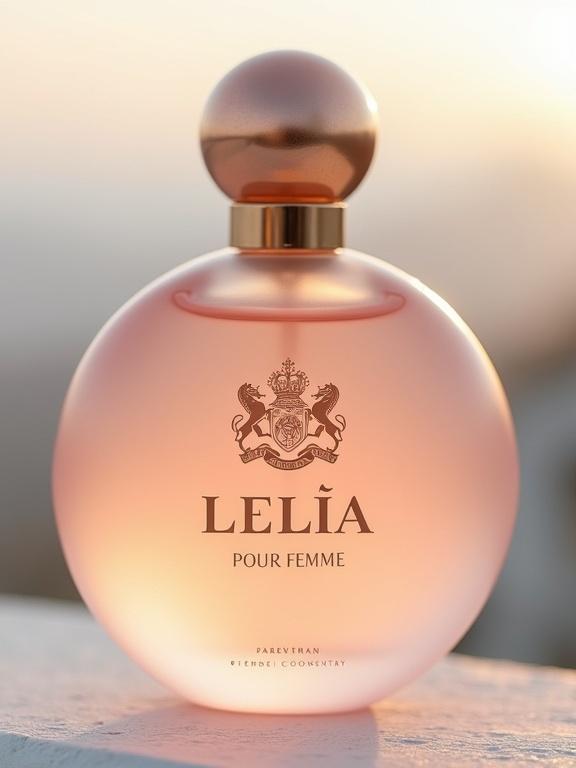 Niche artisan perfume in frosted rose hue glass bottle. Curved round shape. Rose gold cap with embossed emblem. Light rose-colored fragrance inside. Big minimalist typography for 'LELIA'. Soft brushed rose gold for 'Pour Femme'. Debossed 'VULETTA' above 'PARFUME'. Natural light background with soft-focus Adriatic sky. Color palette includes pale gold, bronze, rose-gold, ivory.